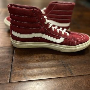 Gently used maroon suede Vans high tops. Size 7.5 US Women, Size 6 US Men,